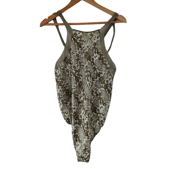 Free People Moss Green Nights Out Snakeskin Print Bodysuit Small - Picture 2 of 5